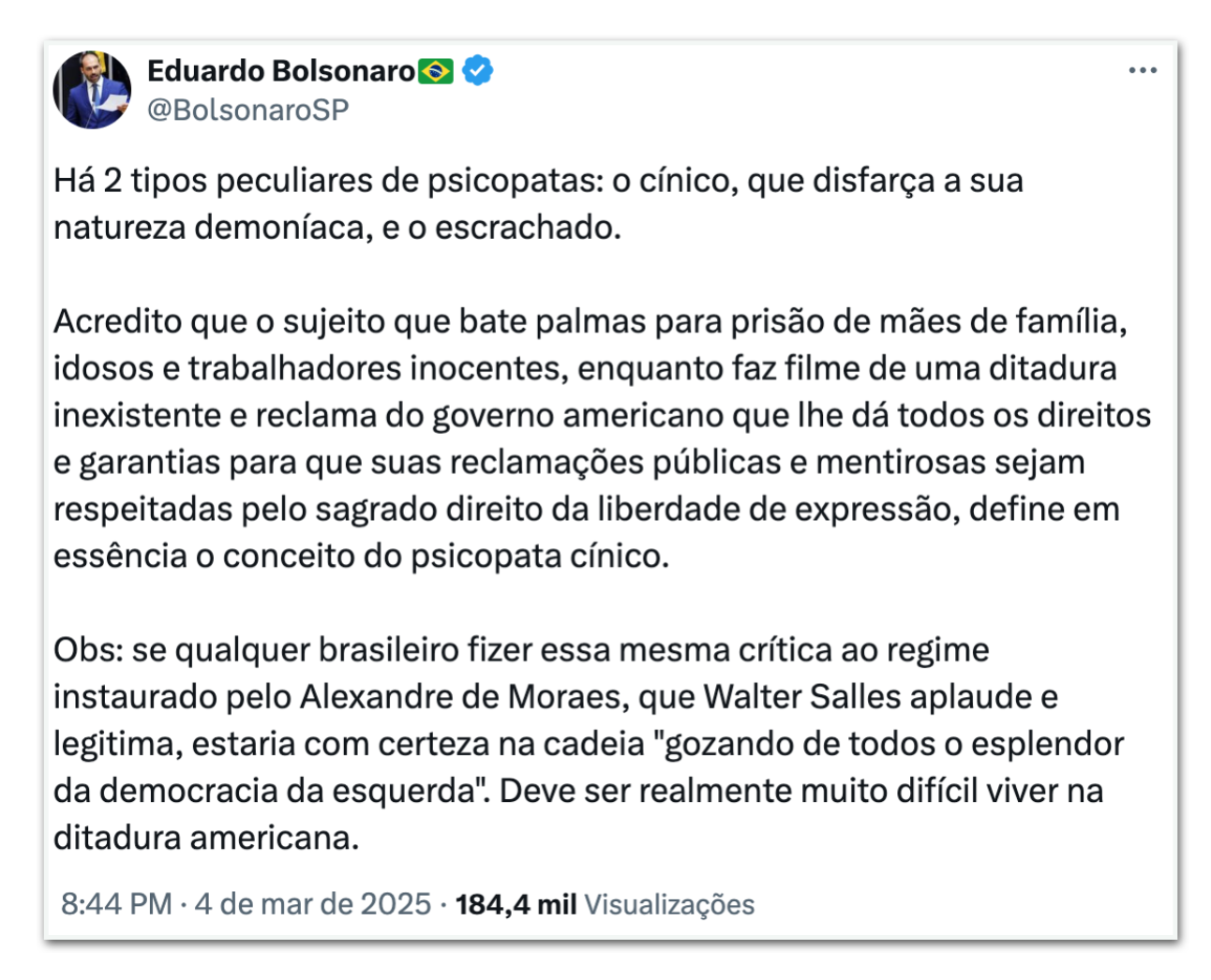 Deputado atacou cineasta por fala sobre autoritarismo e contestou retrato da ditadura no filme vencedor do Oscar