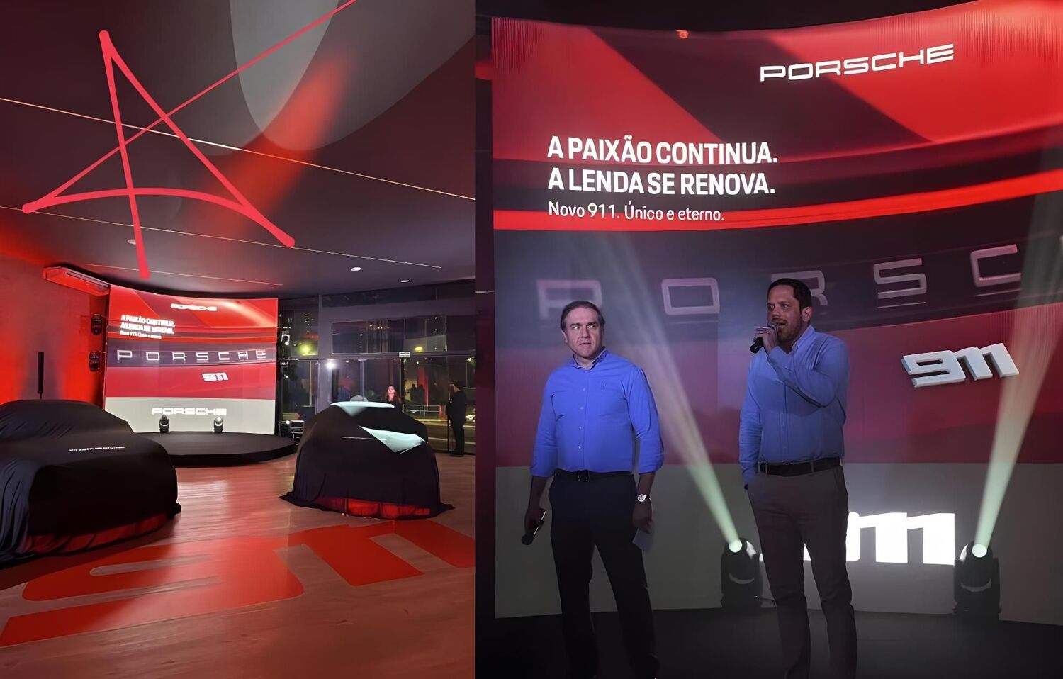 À esquerda, os modelos do novo Porsche 911 ainda cobertos, pouco antes da revelação. À direita, Antonio Carlos Carvalho (à esquerda), diretor da Porsche Campo Grande e do Grupo Bamaq, e Ricardo Cristaldo (à direita), gerente de vendas, apresentam o lançam