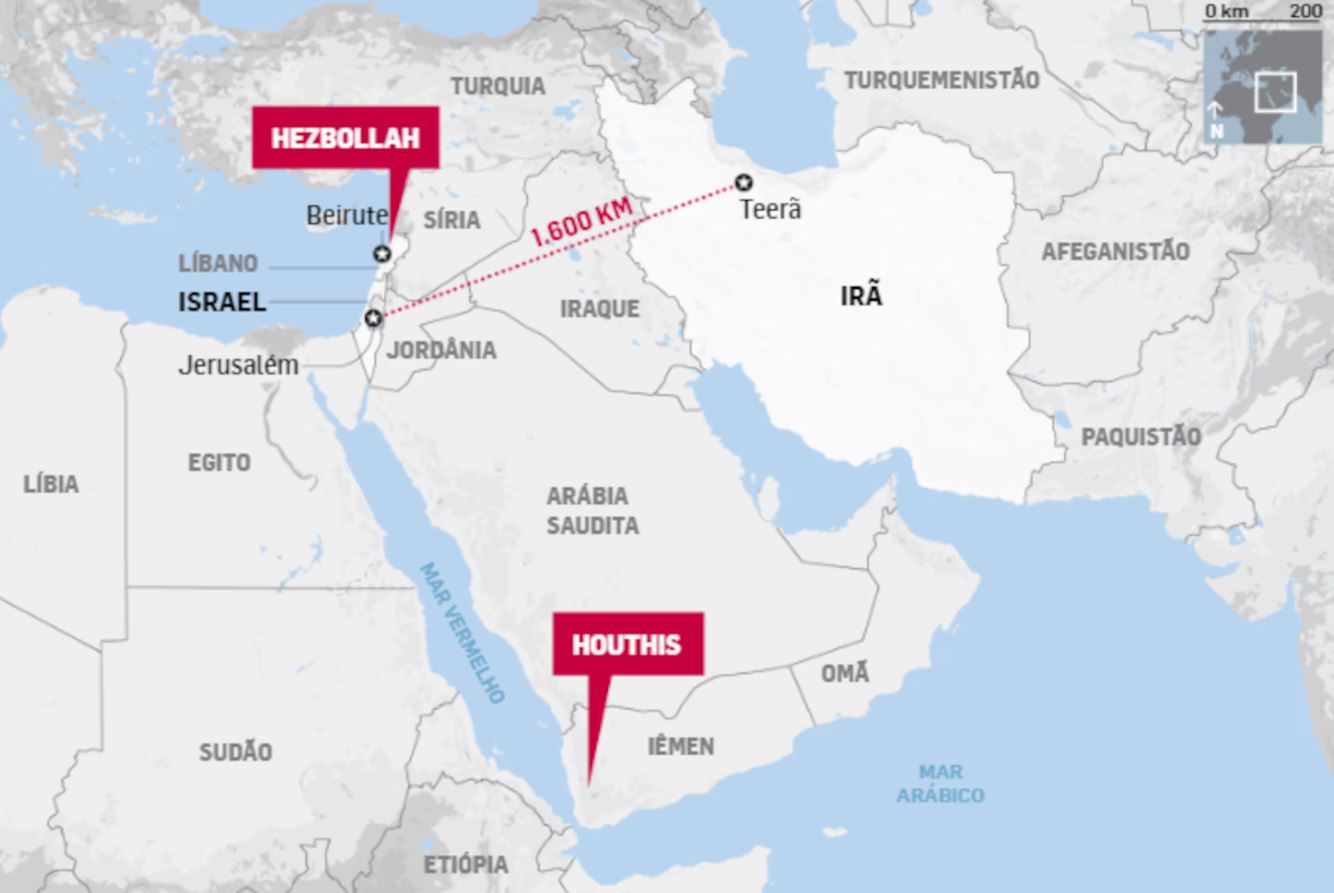Hezbollah e Houthis são grupos que apoiam o Irã contra Israel