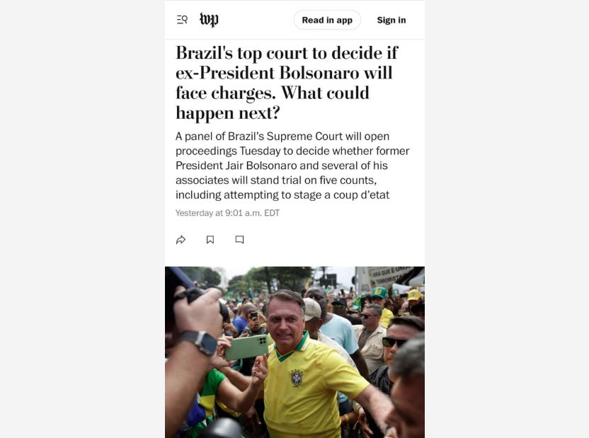 The Washington Post noticiou que a Suprema Corte brasileira vai decidir se Bolsonaro será criminalmente julgado