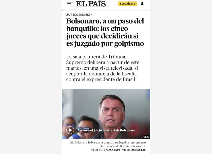 El País noticiou que Bolsonaro está 'a um passo do banco de réus'
