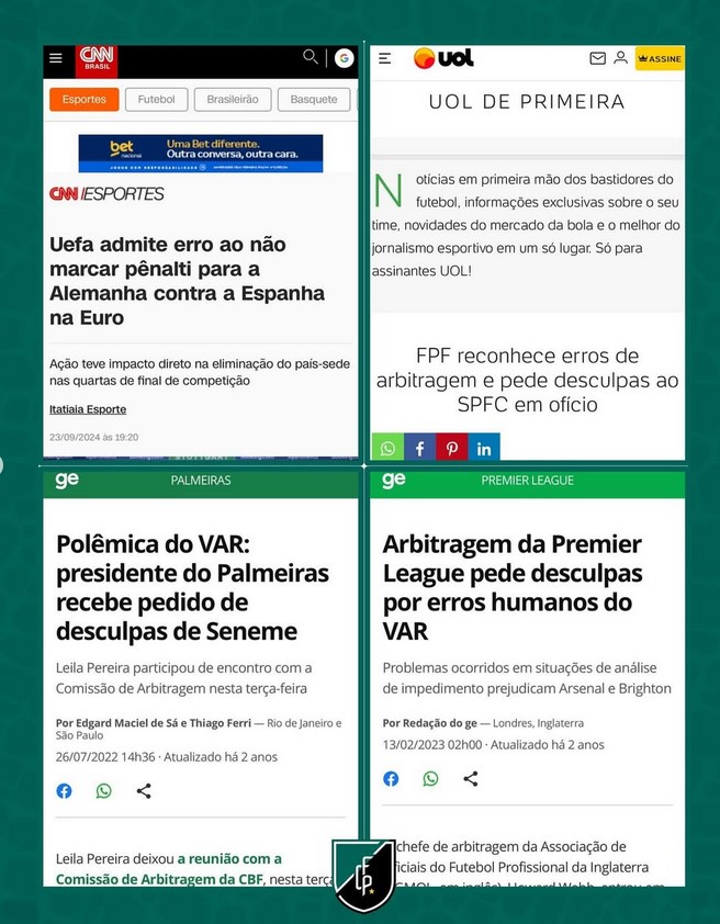 Exemplos de federações e ligas que reconheceram erros de arbitragem e se retrataram com o clube prejudicado