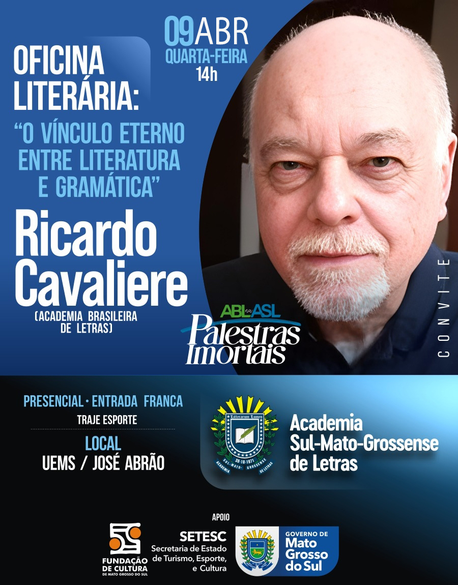 Oficina com Ricardo Cavaliere aborda a relação entre literatura e gramática em Campo Grande no dia 9 de abril.