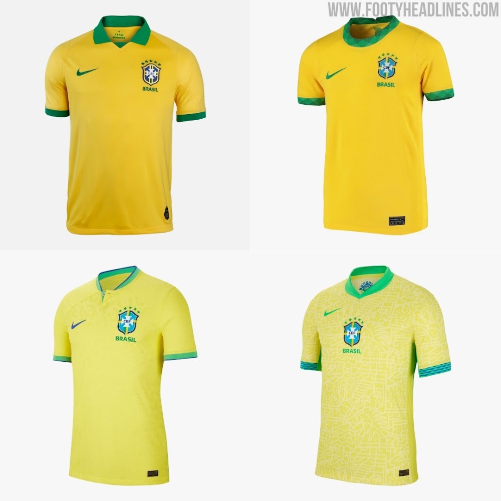 Modelos das camisas amarelas da Seleção Brasileira usados nas últimas Copas, mostrando a evolução do design.