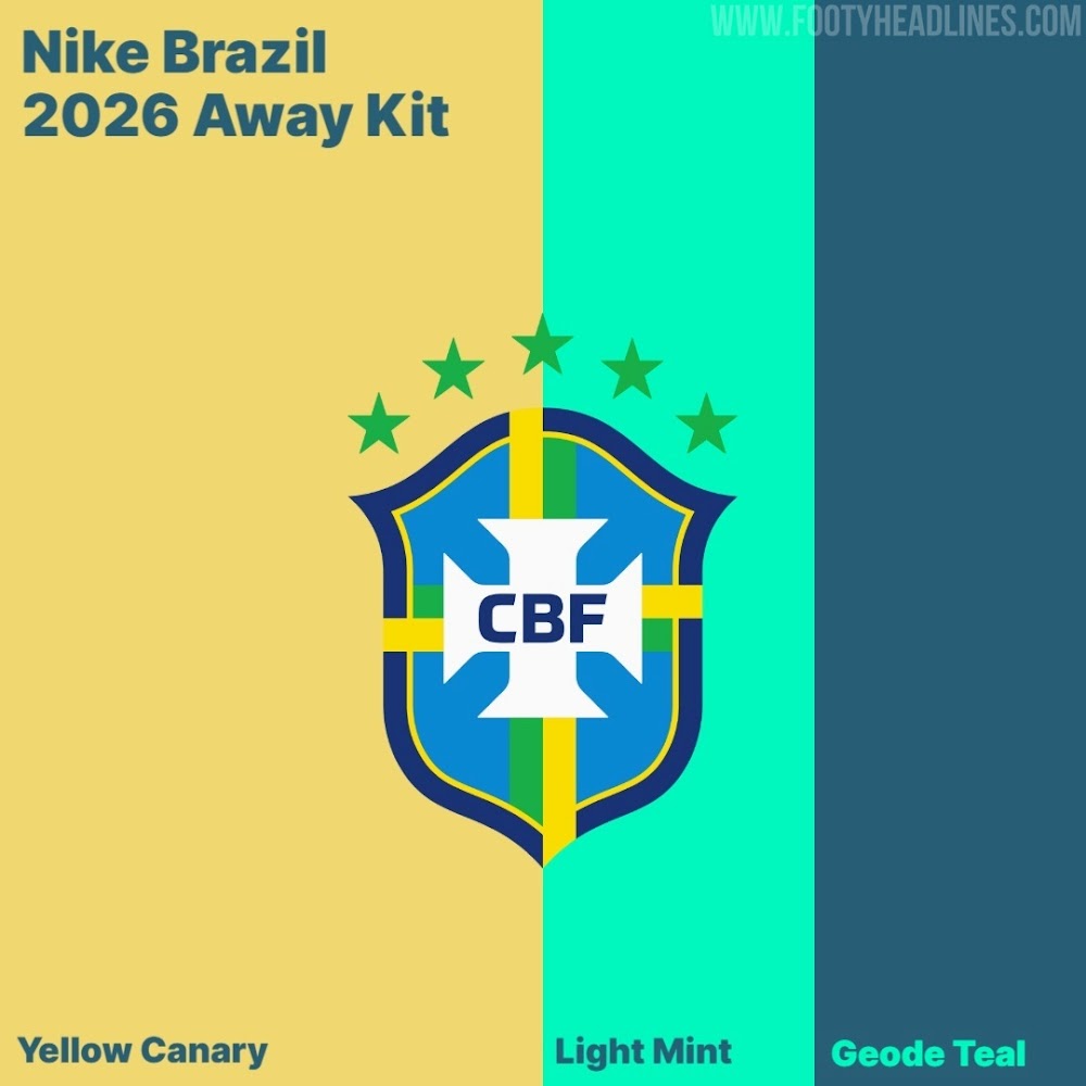 Gráfico apresenta oficialmente as cores do uniforme do Brasil para 2026: Amarelo Canário, Light Mint e Geode Teal.