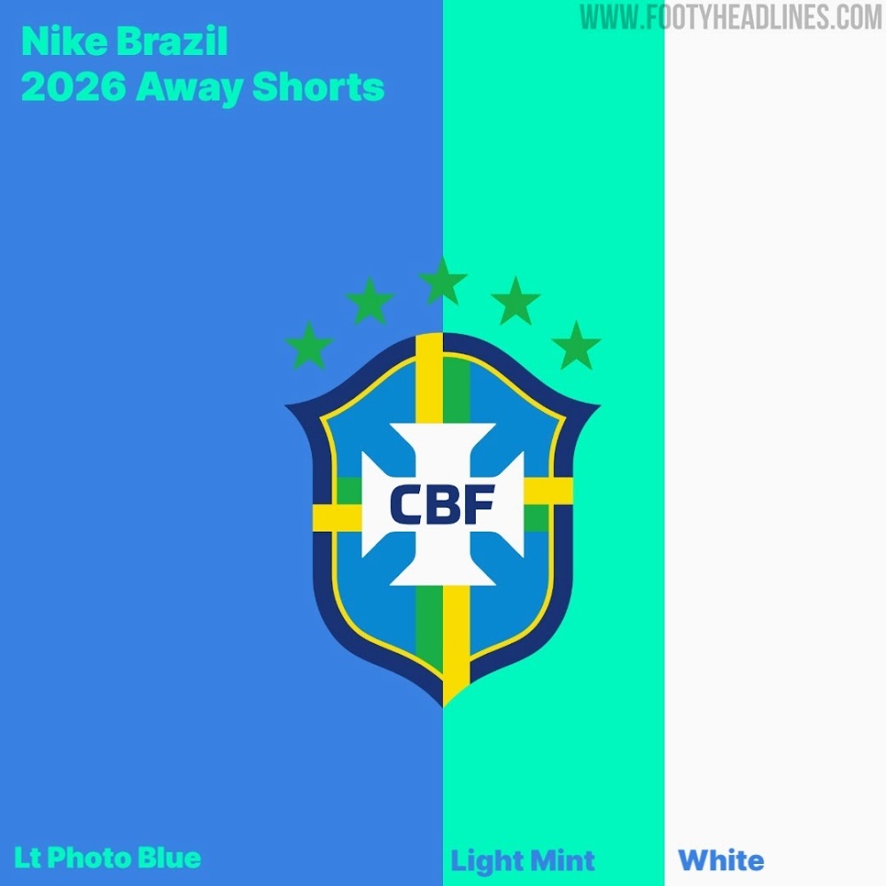 Ilustração das cores previstas para os shorts reserva da Seleção em 2026: Azul Claro, Light Mint (verde menta claro) e Branco.