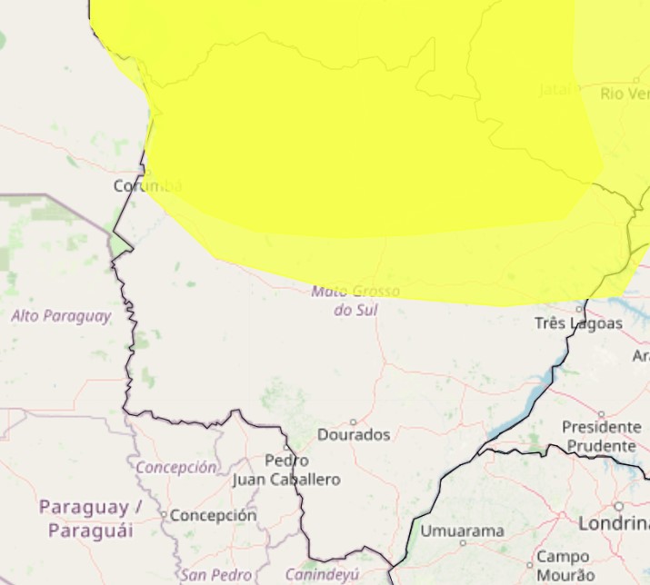 Alerta de chuva amarelo em parte de Mato Grosso do Sul emitido pelo INMET