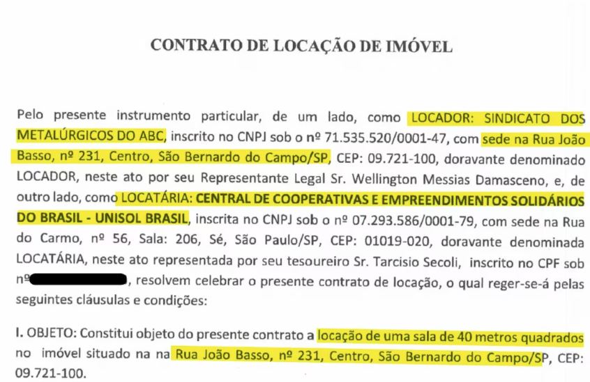 ONG Unisol tem dirigente em comum com Sindicato dos Metalúrgicos do ABC e aluga sala na sede da representação dos trabalhadores, em São Bernardo 