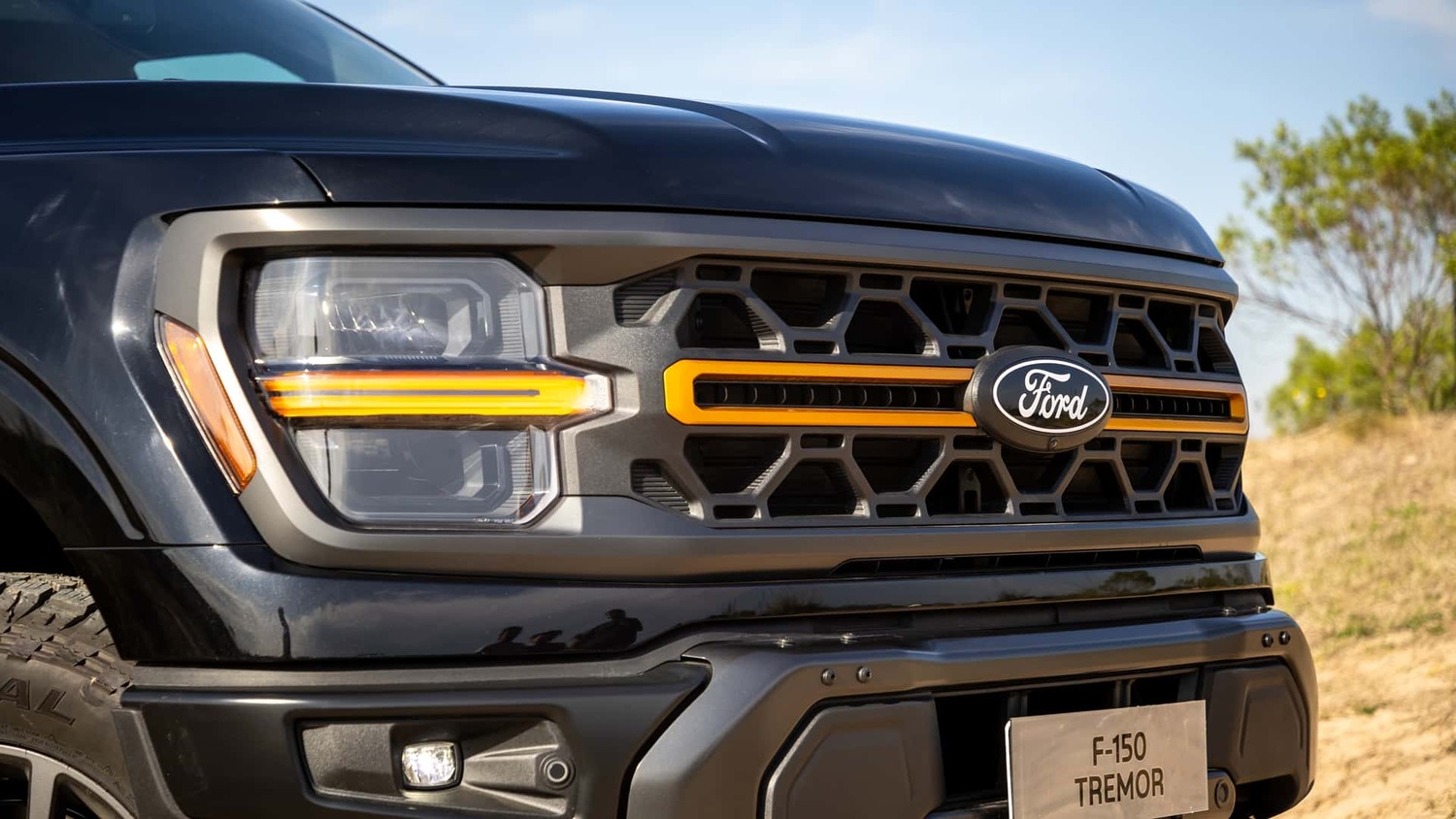 Detalhe que impõe respeito: a grade frontal da nova Ford F-150 Tremor traz acabamento exclusivo com barra laranja e visual robusto para encarar qualquer desafio.