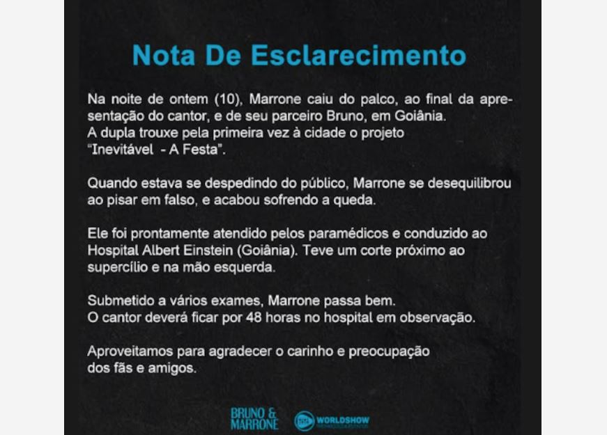 Nota divulgada pela assessoria de Bruno e Marrone