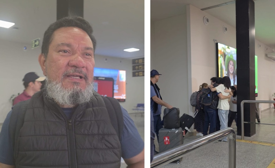 À esquerda, secretário Ricardo Senna no desembarque; à direita, familiares recebem a comitiva com abraços no Aeroporto de Campo Grande.