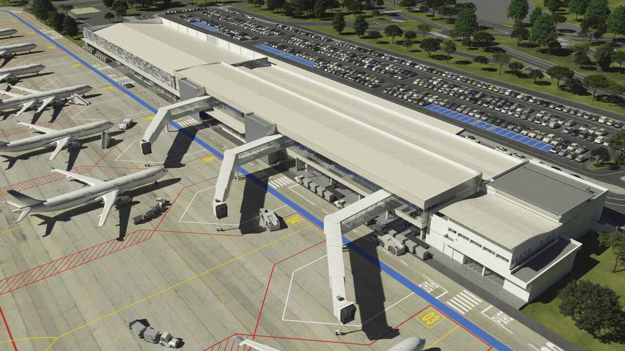 Projeto de ampliação do Aeroporto Internacional de Campo Grande prevê novo terminal, pontes de embarque e mais conforto aos passageiros Foto: Divulgação/Aena