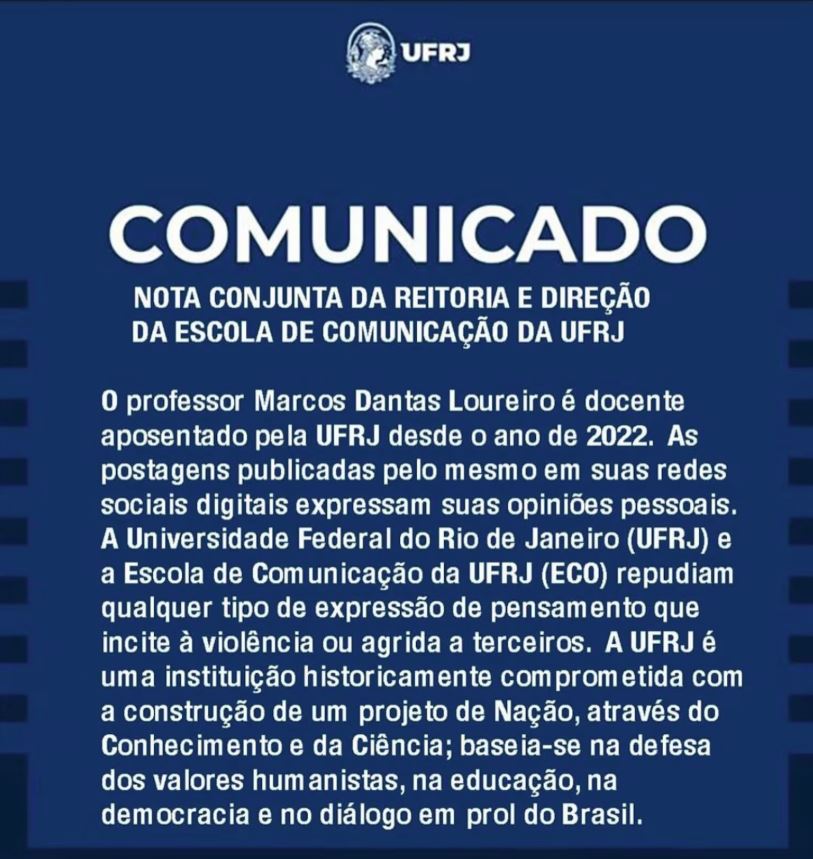 Em nota, a UFRJ condenou incitação à violência após ataque à filha de Roberto Justus Foto: @ufrj.oficial via Instagram