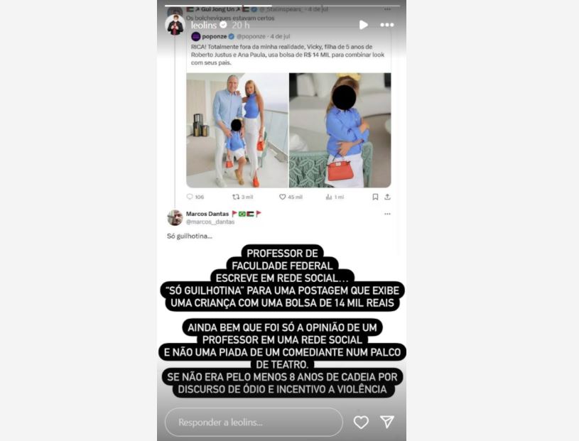Comediante ironizou repercussão de fala polêmica sobre filha de Roberto Justus