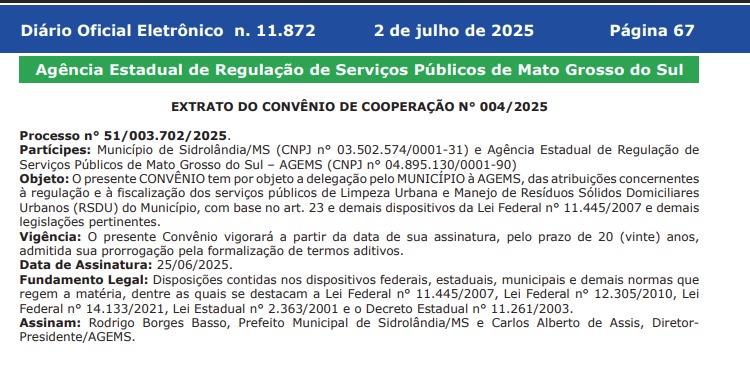 Publicação no Diário Oficial de Mato Grosso do Sul oficializa convênio entre Sidrolândia e AGEMS para regulação da limpeza urbana e resíduos sólidos por 20 anos; acordo foi assinado em 25 de junho de 2025 