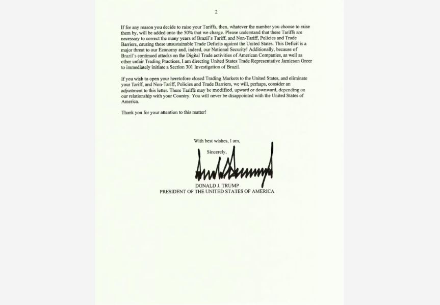 Documento anunciou tarifas de 50% sobre o Brasil