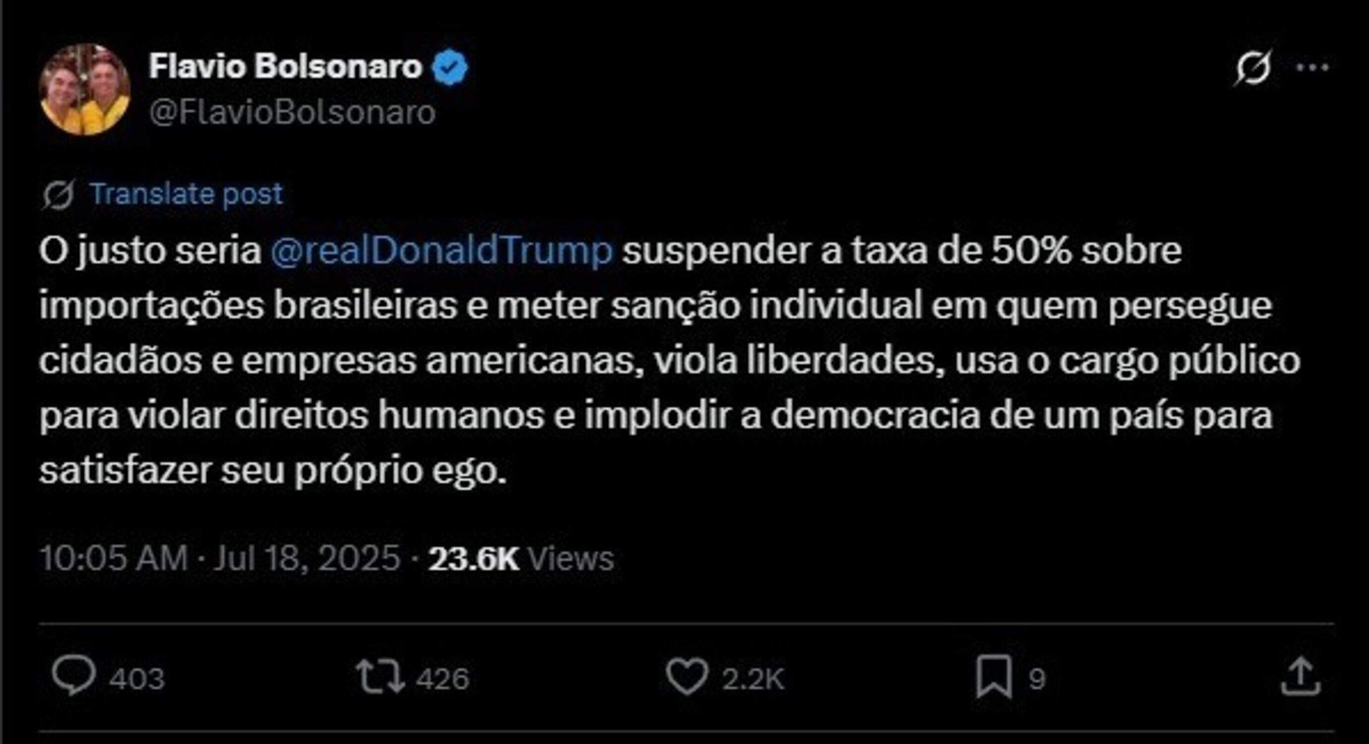 Flávio Bolsonaro sugere a Trump suspender tarifa e 'meter' sanção individual, mas apaga 