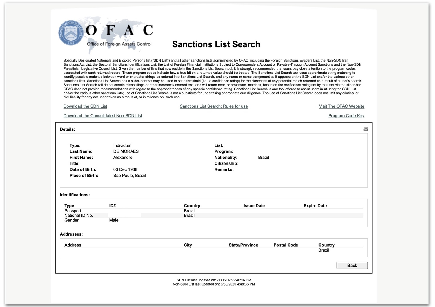 Detalhes do passaporte de Alexandre de Moraes já constam na base oficial de sanções do OFAC, usada por bancos e empresas para bloqueio de transações.