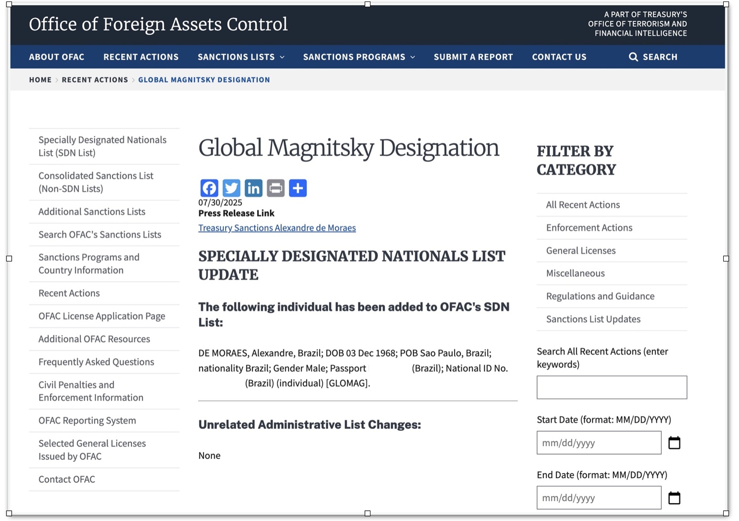 Página do site do Departamento do Tesouro dos EUA (OFAC) que confirma a inclusão do ministro Alexandre de Moraes na lista de sanções da Lei Magnitsky.