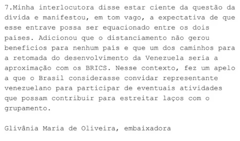 Telegrama da Embaixada brasileira em Caracas revela apelo do governo Maduro para participar do Brics no Brasil 