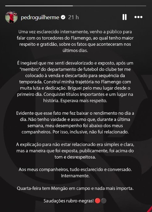 Pedro se pronunciou sobre o ocorrido em suas redes sociais