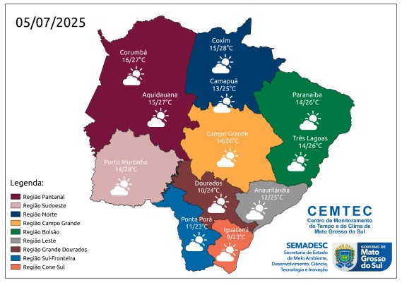 Previsão do tempo de hoje (5) em Mato Grosso do Sul