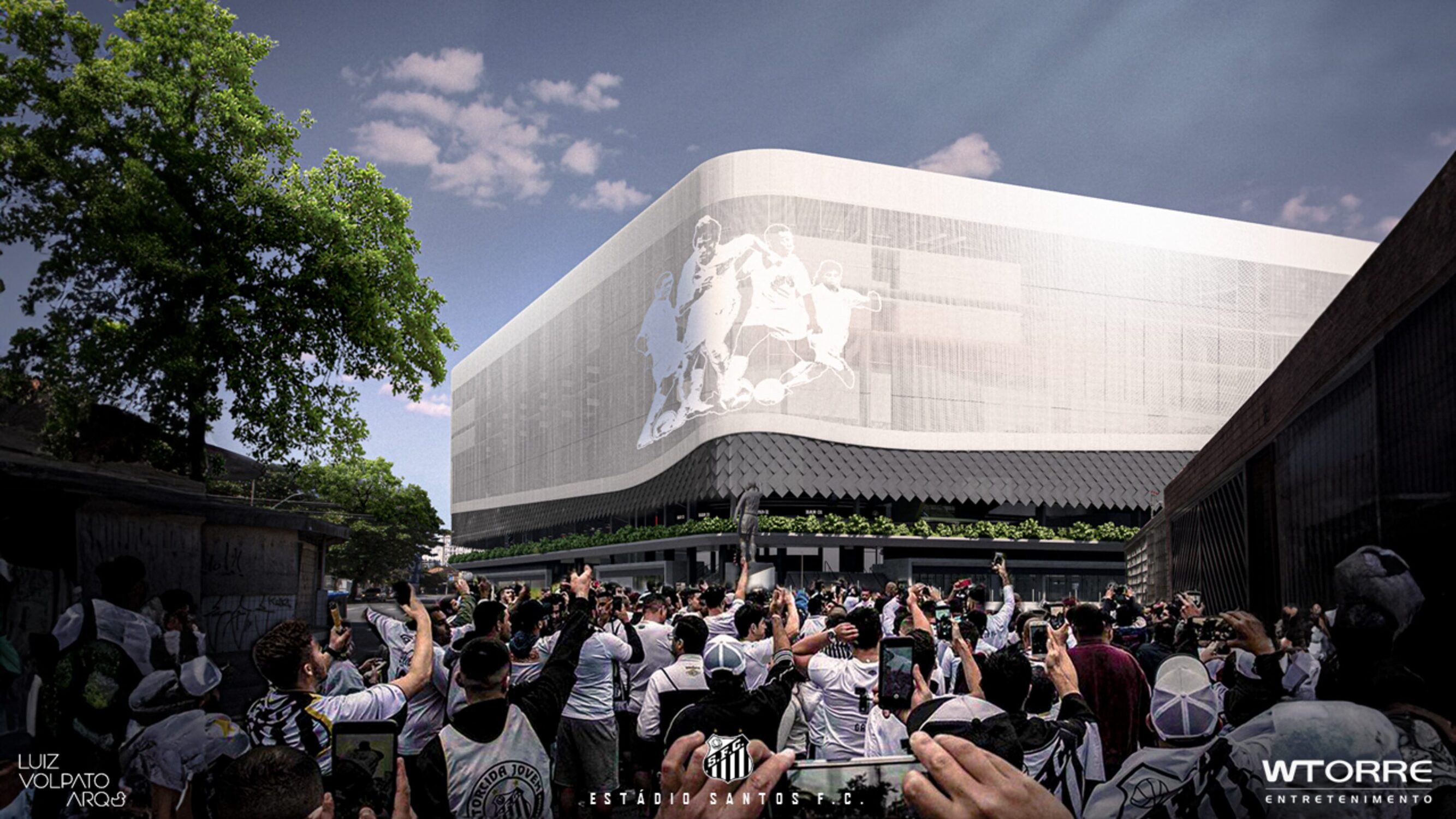Perspectiva da fachada da Nova Vila Belmiro, com destaques aos jogadores históricos do Santos