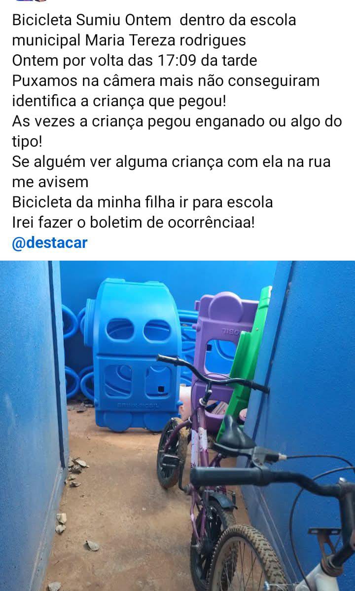 A mãe publicou nas redes sociais pedindo para quem roubou, devolva a bicicleta