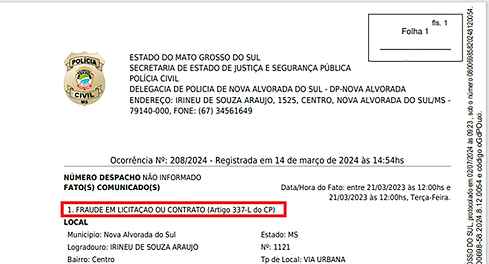 Trecho de boletim de ocorrência da Polícia Civil de Mato Grosso do Sul, registrado em 14 de março de 2024, aponta investigação por fraude em licitação (artigo 337-L do Código Penal) no município de Nova Alvorada do Sul (MS), conta o sócio da empresa contr
