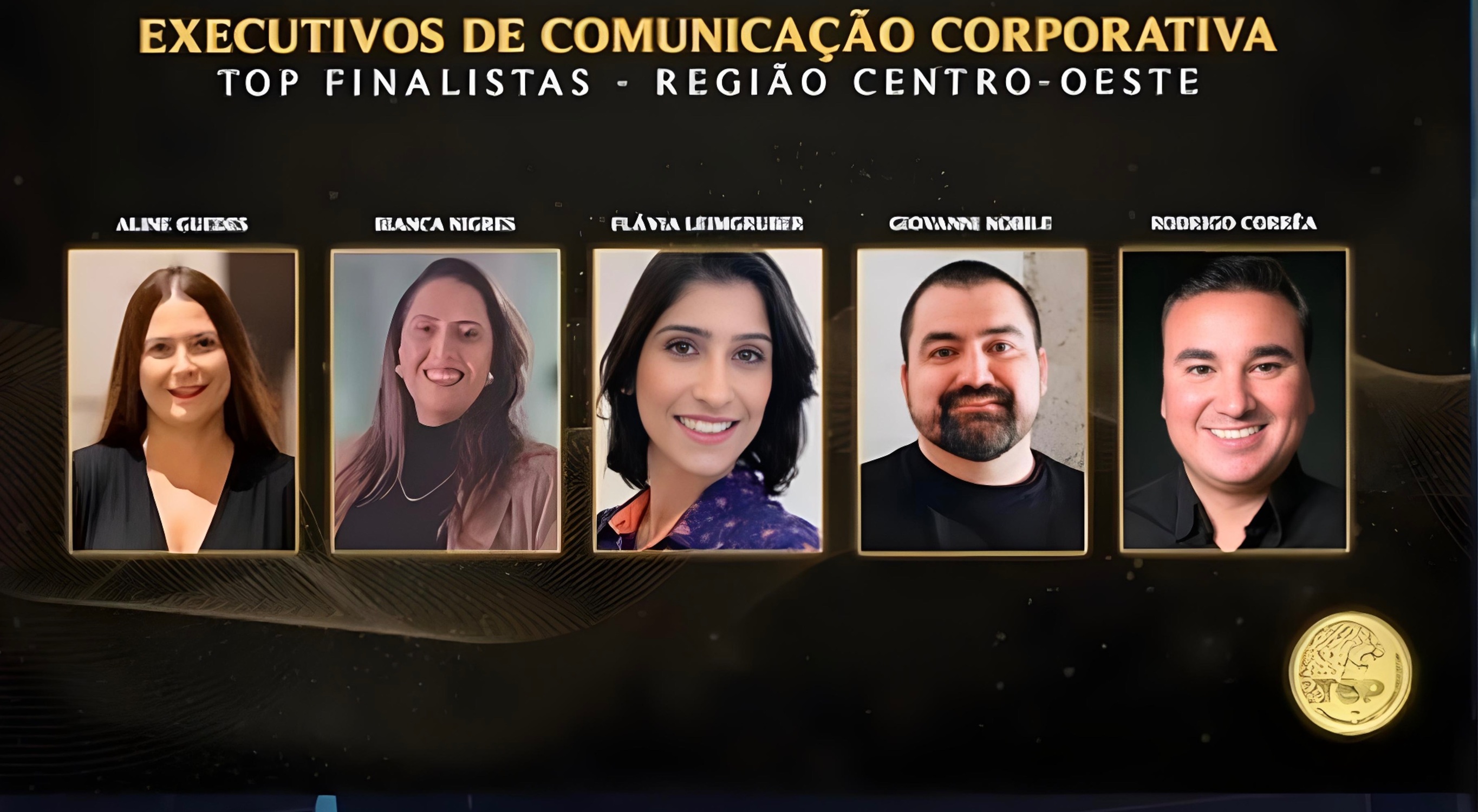 Finalistas do Centro-Oeste no Top Mega Brasil 2025. Da esquerda para a direita: Aline Guedes (GO), Bianca Nigres (MS), Flávia Leimgruber (MS), Giovanni Nobile (DF) e Rodrigo Corrêa (MS), que ficou em primeiro lugar regional.