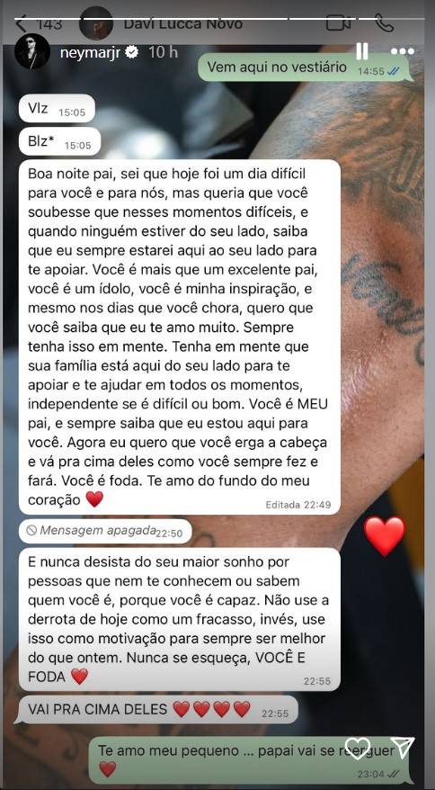 Neymar divulga mensagem que o filho enviou após sofrer a pior derrota da carreira