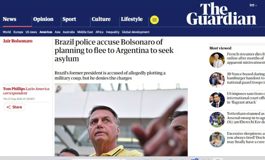 The Guardian destacou o plano de pedir asilo político do ex-presidente 