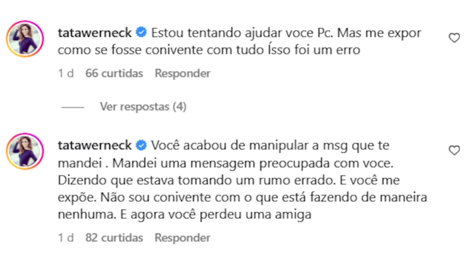 Apresentadora Tatá Werneck fica incomodada com postagem de Paulo Ferreira sobre mensagens de 'apoio' 