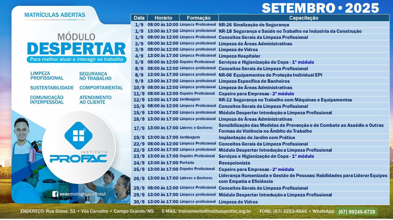 Instituto PROFAC oferece cursos gratuitos em Campo Grande para quem busca o 1º emprego e inclusão de PCDs. Inscrições abertas.