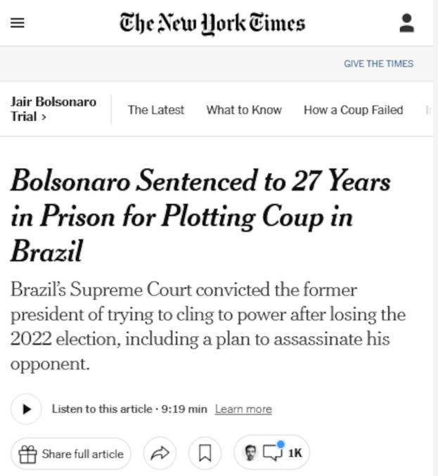 Condenação de Bolsonaro é destaque no The New York Times 