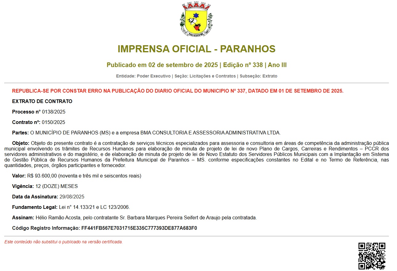 Extrato do contrato no Diário Oficial confirma a contratação da BMA Consultoria por R$ 93,6 mil, sem licitação.
