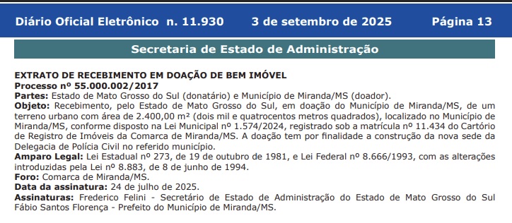 Área de 2,4 mil m² será destinada à delegacia, em iniciativa que reforça a segurança pública no município