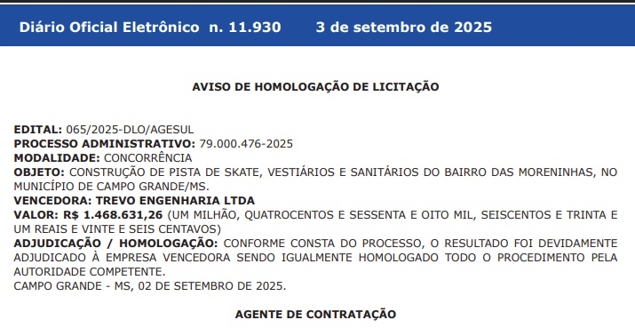 Com contrato de R$ 1,4 milhão, empresa terá oito meses para entregar obra que inclui pista, vestiário e banheiros