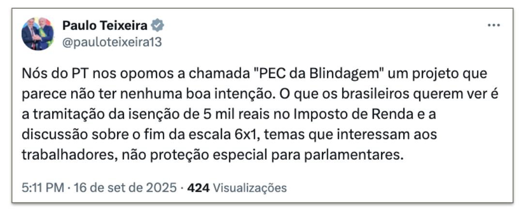 O ministro Paulo Teixeira publicou criticando a PEC
