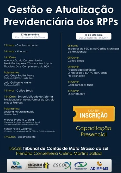 Card com a programação da capacitação do TCE-MS sobre RPPS, marcada para os dias 17 e 18 de setembro, na capital sul-mato-grossense.
