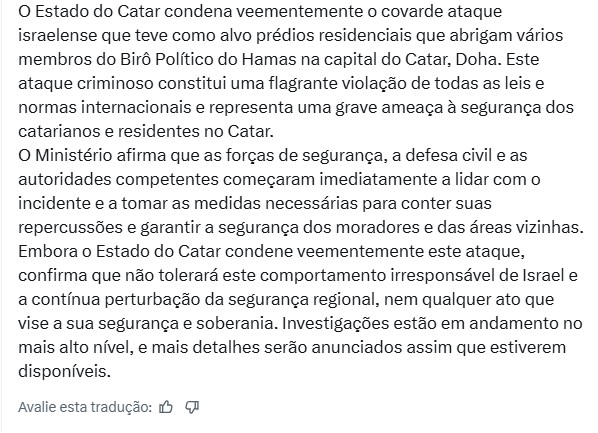 Mensagem publicada pelo porta-voz do Ministério das Relações Exteriores do Catar, Majed Al Ansari, no X (Twitter)