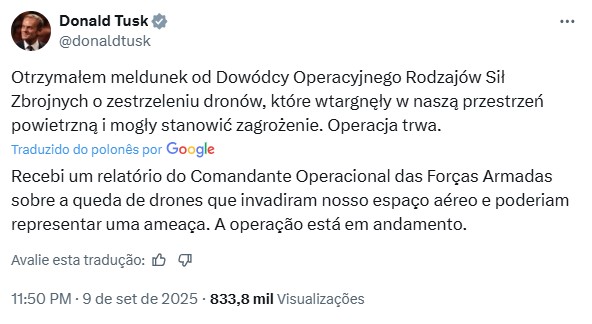 O primeiro-ministro, Tusk, atualizou a população via X (twitter)