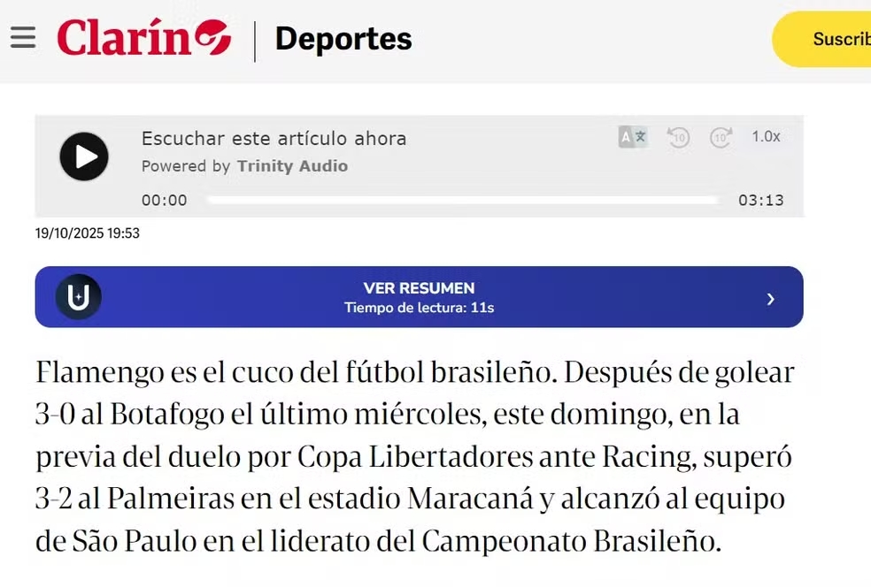 Clarín afirma que Flamengo é o bicho-papão do futebol brasileiro