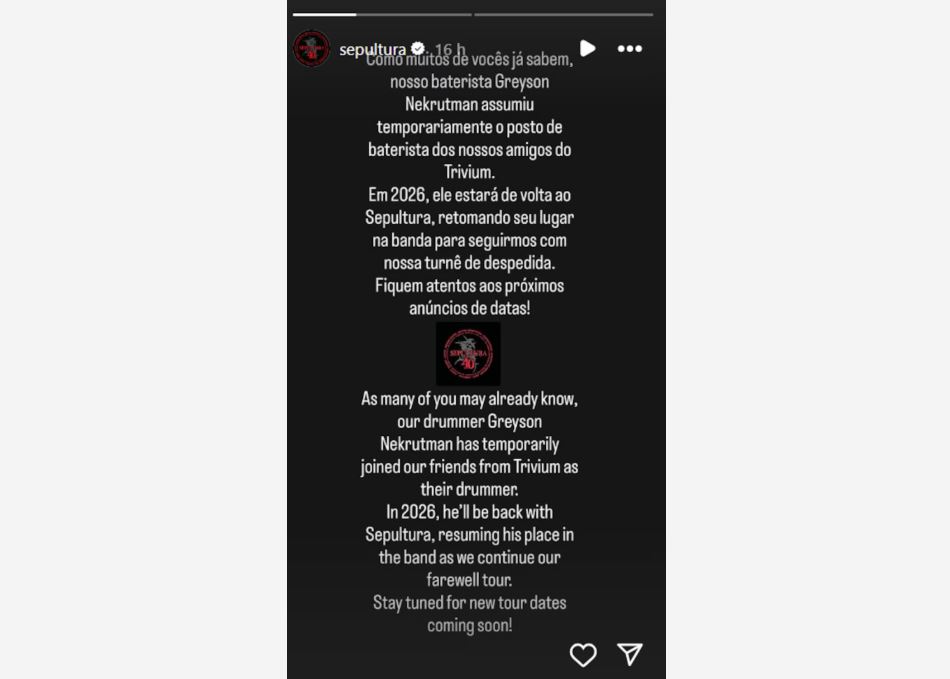 Comunicado do Sepultura a respeito da ida de seu baterista, Greyson Nekrutman, à banda Trivium.