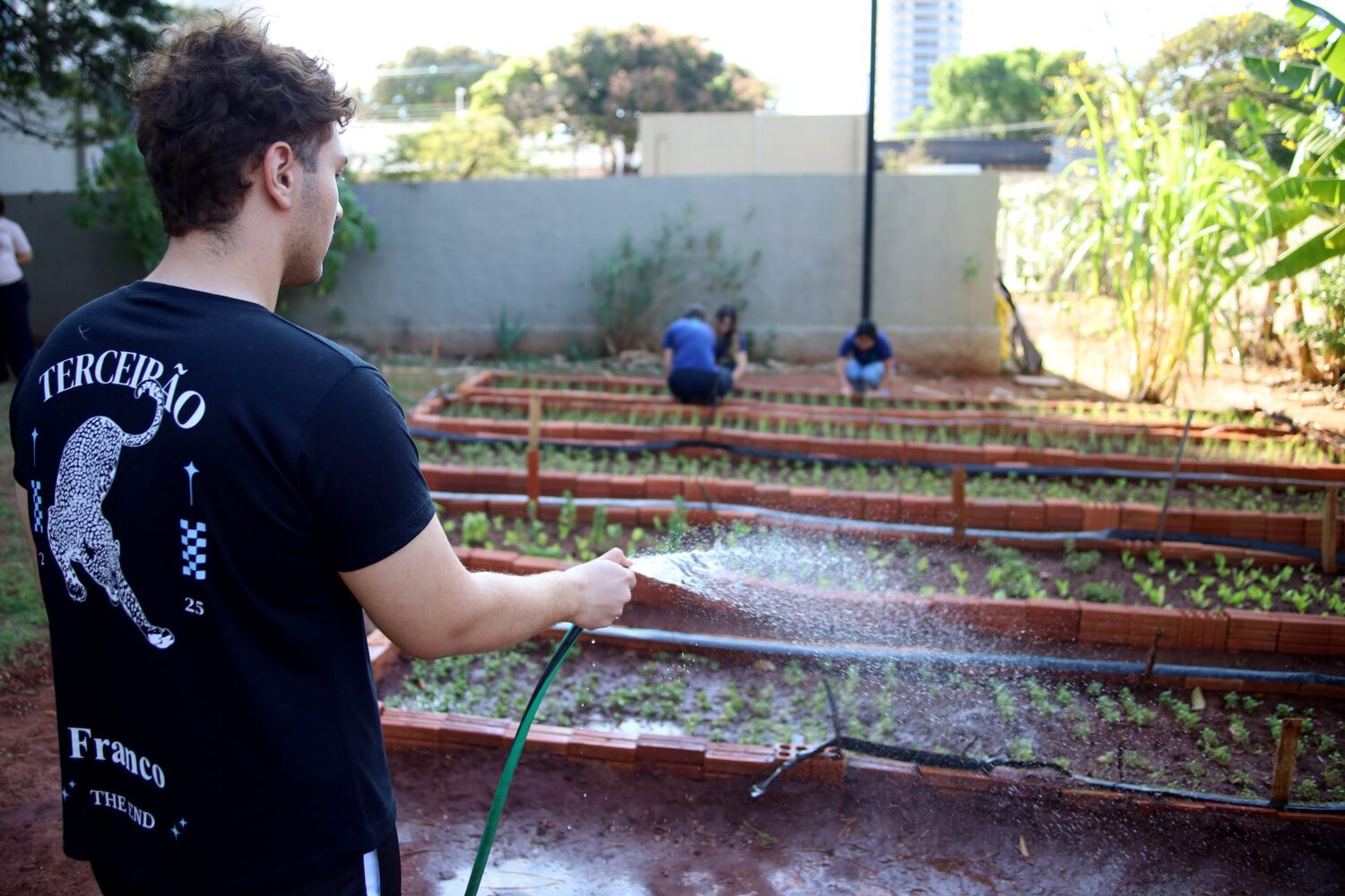 Um pomar com mais de 50 variedades de árvores frutíferas, além da horta, o espaço também serve para pesquisas aulas de diversas disciplinas
