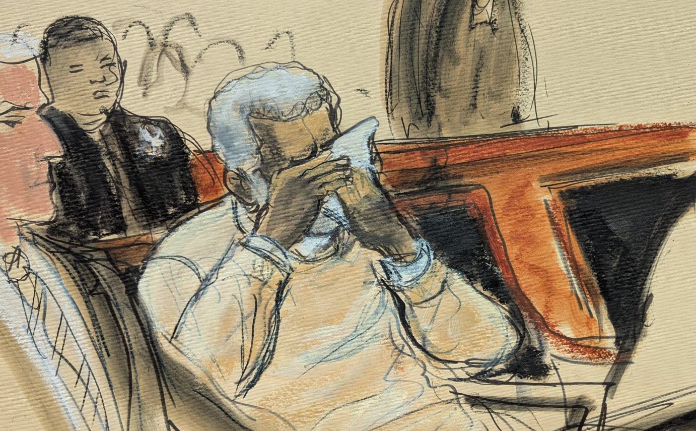 Neste desenho do tribunal, Sean Diddy Combs se emociona e chora durante a exibição de um vídeo sobre sua vida durante a audiência de sentença no tribunal federal de Manhattan, na sexta-feira, 3 de outubro de 2025, em Nova York. 