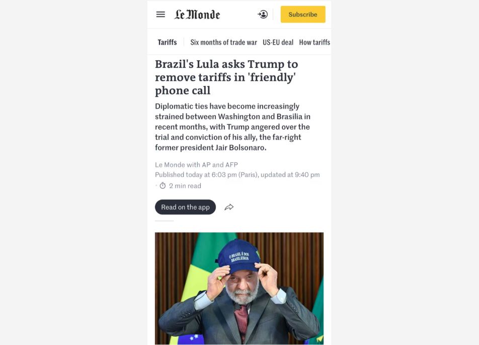 A manchete do Le Monde diz que conversa foi 'amigável'.