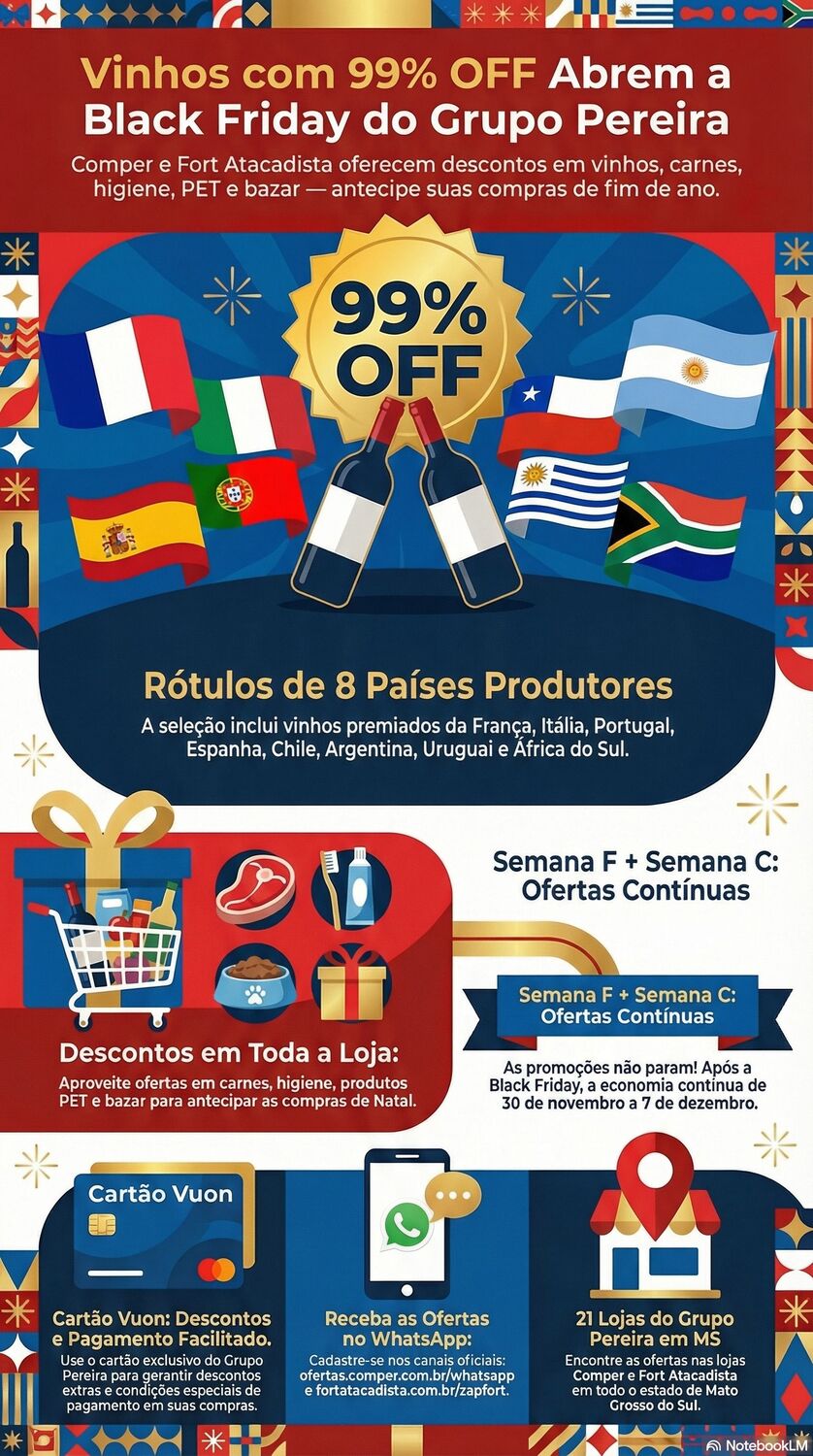 Infográfico destaca a promoção de Black Friday do Grupo Pereira, com vinhos de 8 países com 99% de desconto na segunda unidade.