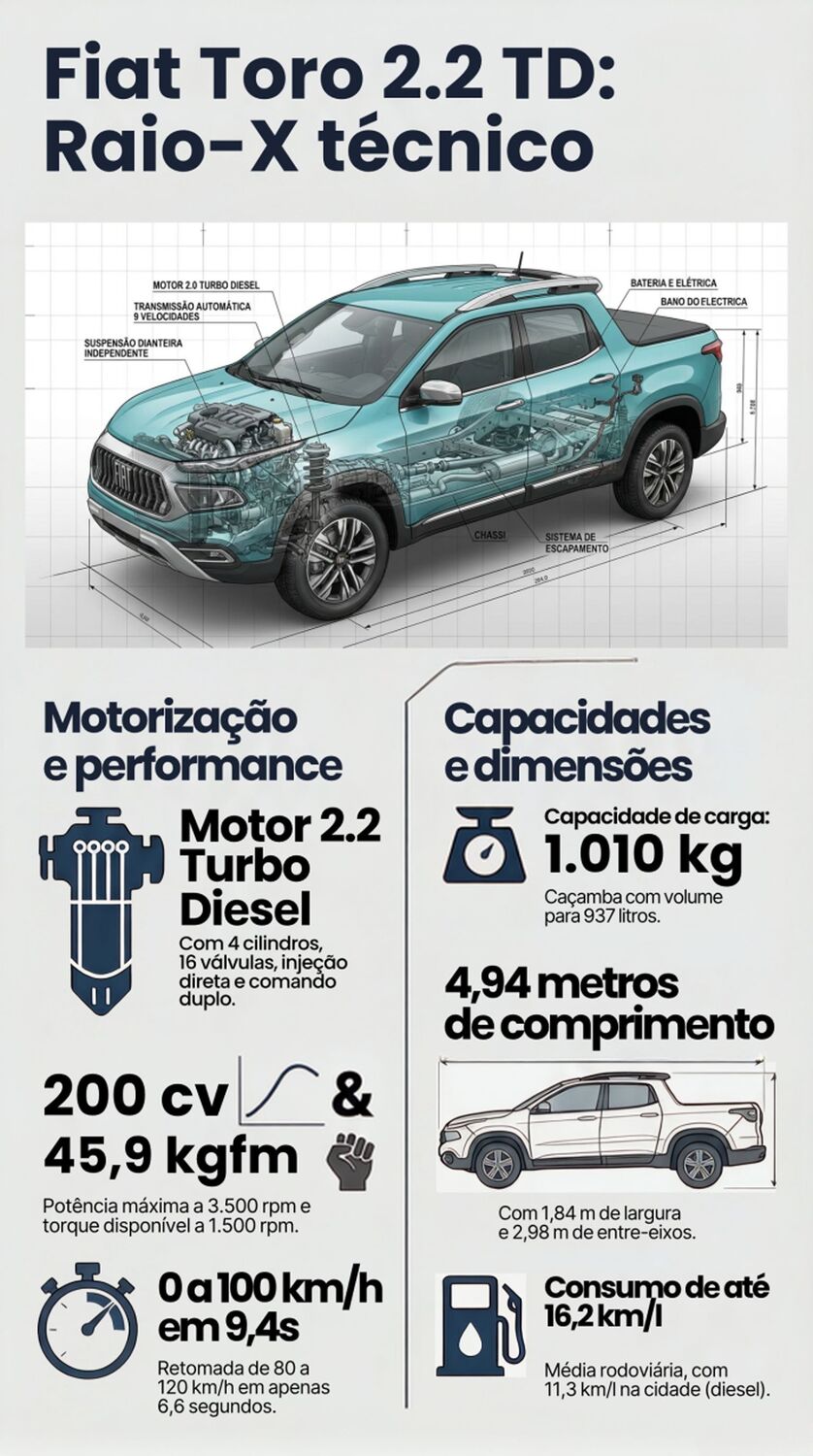 Raio-X técnico da Fiat Toro Ranch 2.2 TD destaca o novo motor turbodiesel de 200 cv, desempenho de 0 a 100 km/h em 9,4 segundos e consumo de até 16,2 km/l.