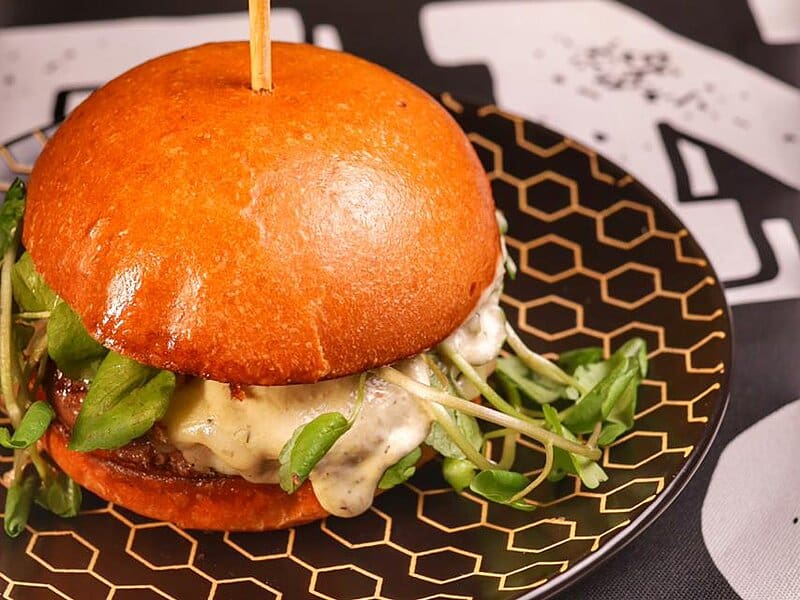 Pão artesanal, queijo derretido e brotos verdes compõem o hambúrguer da Tendas Burger, que disputa a categoria com visual ousado e sabor marcante.